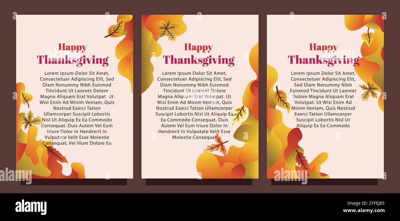 Kreative Thanksgiving-Karte mit abstraktem flüssigem Hintergrund und Blättern. Druckgrößensatz für das Konzept der Vorlage für die Geschenkkarte. Flüssiger abstrakter Hintergrund Stock Vektor
