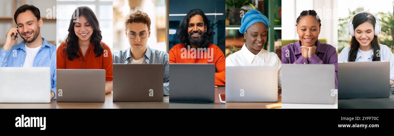 Verschiedene Gruppen von Einzelpersonen, die tagsüber Remote-Arbeiten durchführen Stockfoto