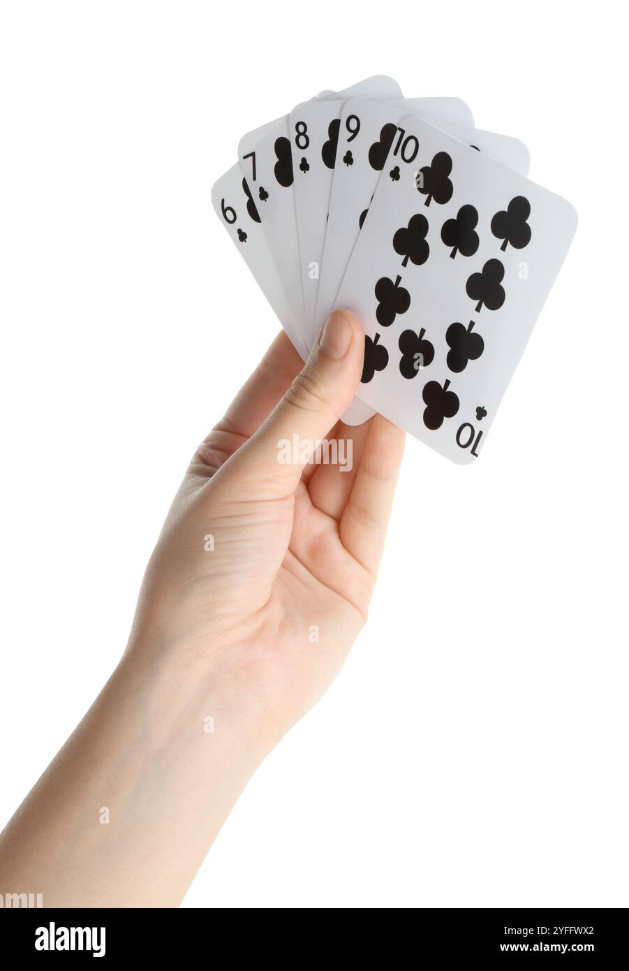 Pokerspiel. Frau, die Spielkarten auf weißem Hintergrund hält, Nahaufnahme Stockfoto