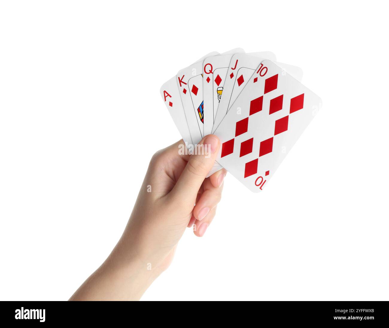 Pokerspiel. Frau, die Spielkarten auf weißem Hintergrund hält, Nahaufnahme Stockfoto