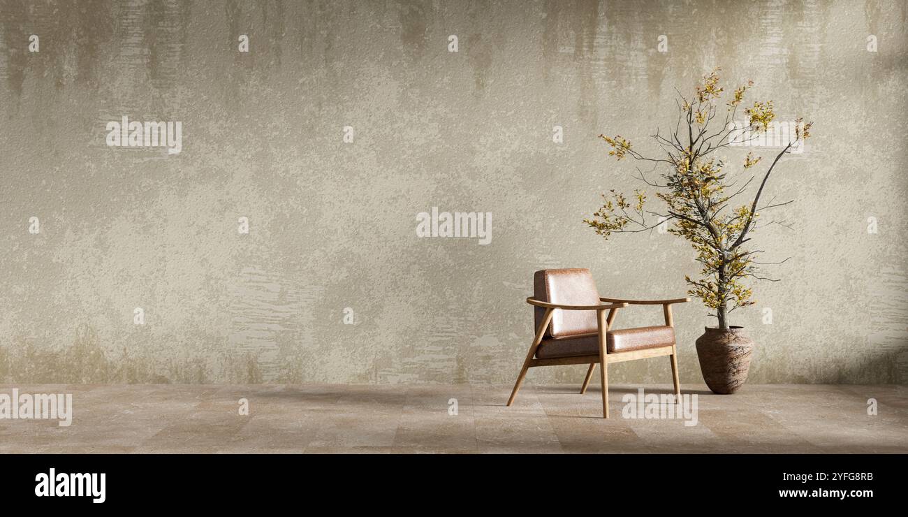 Leere Wand im modernen rustikalen Interieur. Rustikale Einrichtung mit alten und beschädigten Holzmöbeln. 3D-Abbildung Stockfoto