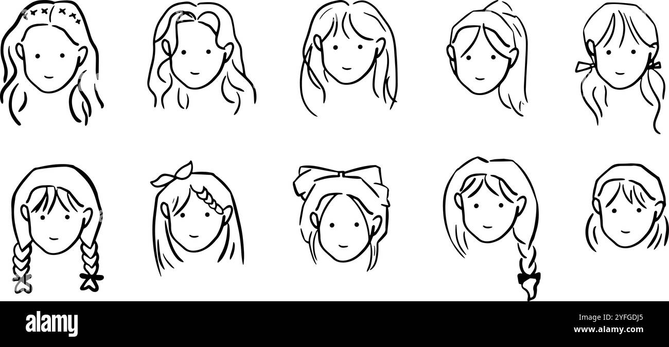 Mädchen Hairstyle Set Illustration | minimalistischer Doodle Vektor für Mode und Schönheit Designs Stock Vektor