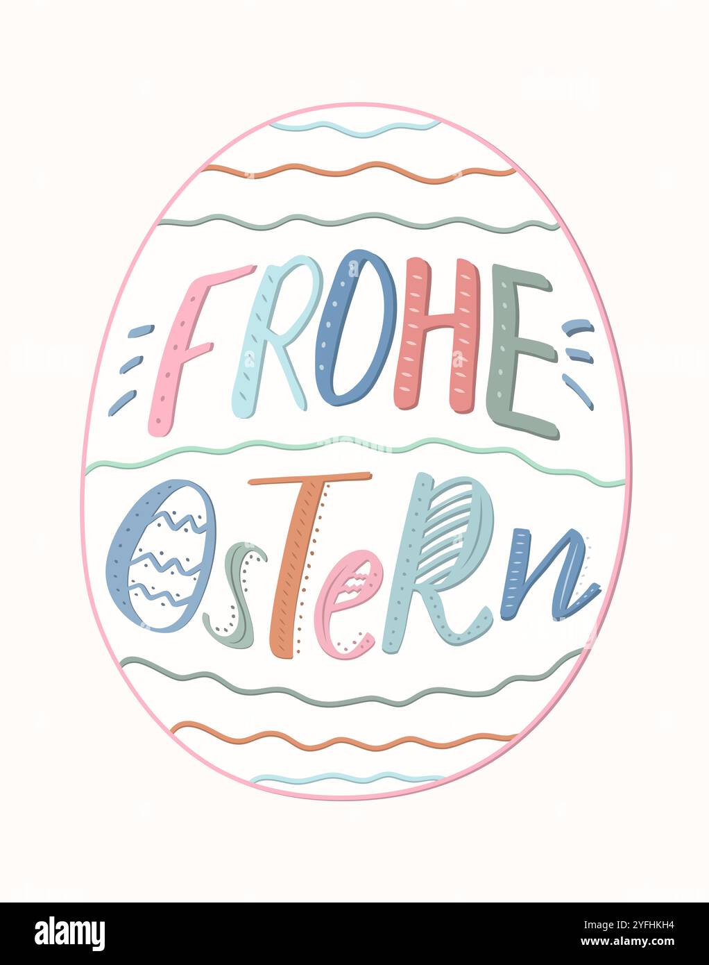 „Frohe Ostern“-Schriftzug in Osterei, deutscher Happy Easter-Gruß. Moderne Pinseltinte-Kalligraphie. Die Buchstaben sind verziert. Stock Vektor