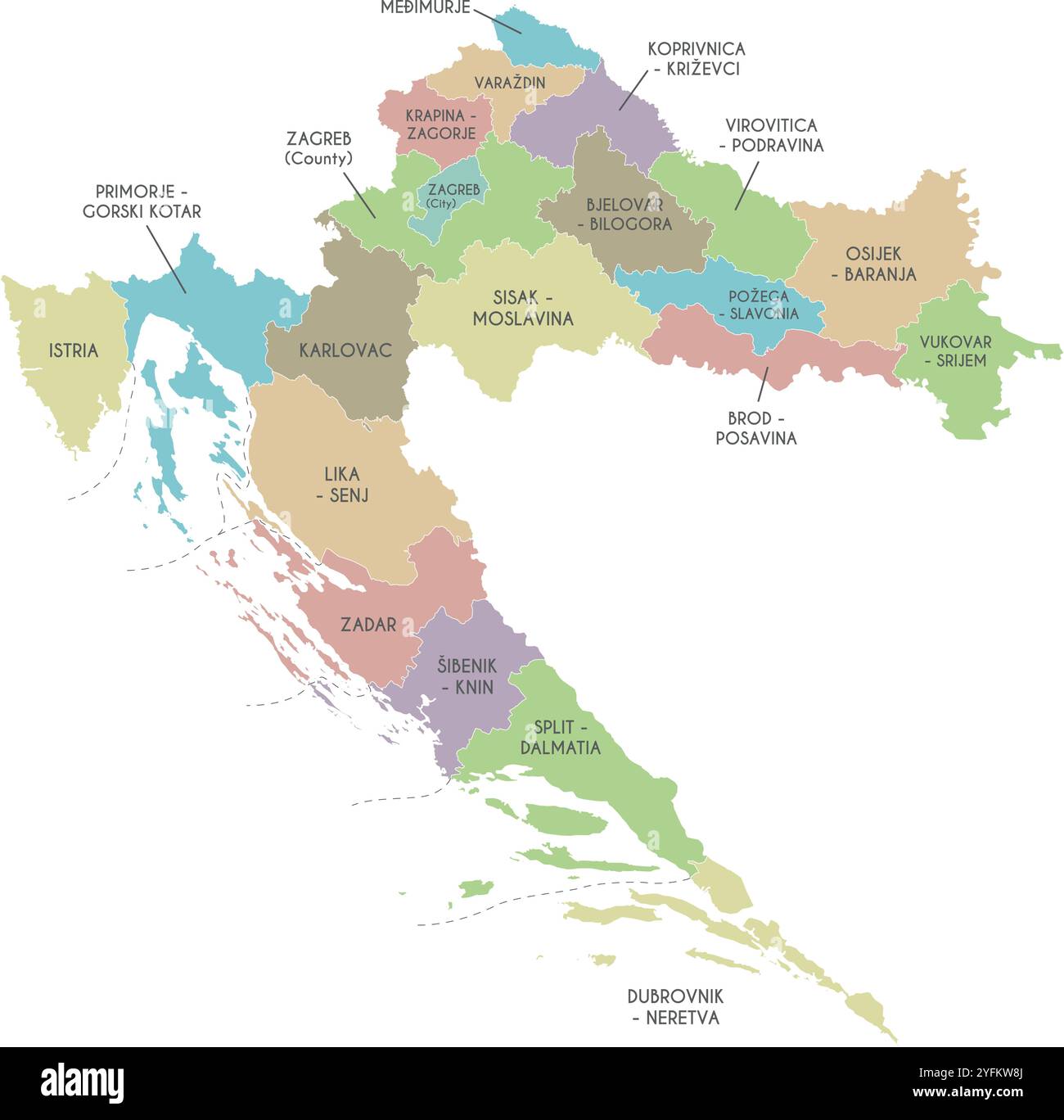 Vektor-Regionalkarte von Kroatien mit Grafschaften, Hauptstadt und Verwaltungseinheiten. Bearbeitbare und klar beschriftete Ebenen. Stock Vektor