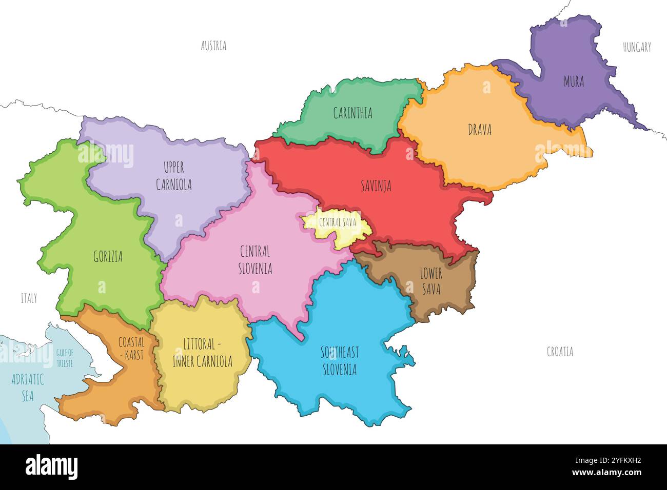 Vektor-illustrierte Karte Sloweniens mit statistischen Regionen und Verwaltungseinheiten sowie Nachbarländern und Gebieten. Editierbar und cle Stock Vektor