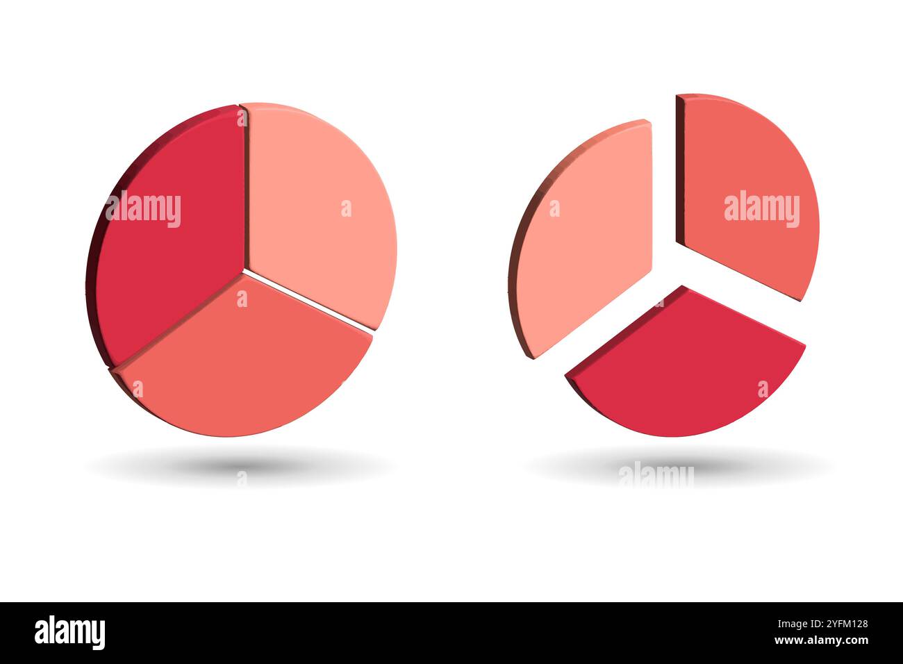 Kreisdiagramm-Symbol 3D-Wiedergabekreis geteilt. 3D-Tortendiagramme in Korallen und Rot heben den Datenvergleich hervor. Stock Vektor