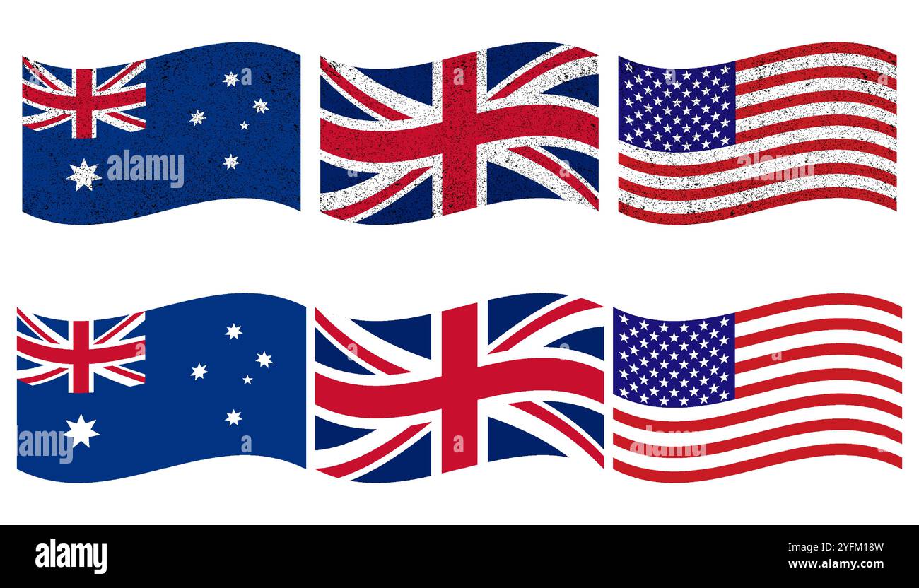Flaggen von Australien, Großbritannien und den USA im Grafikdesign-Format. Stock Vektor