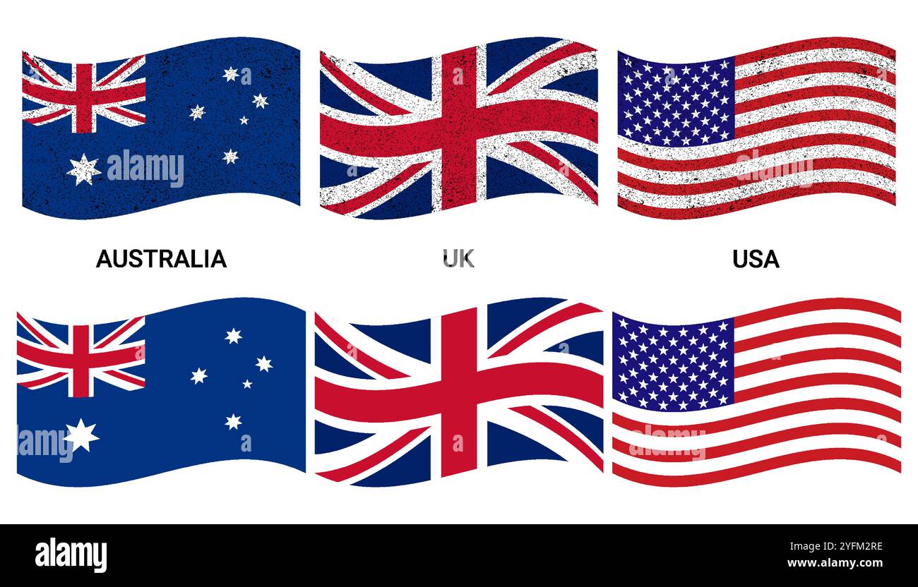 Wehende Flaggen von Australien, Großbritannien und den USA. Stock Vektor