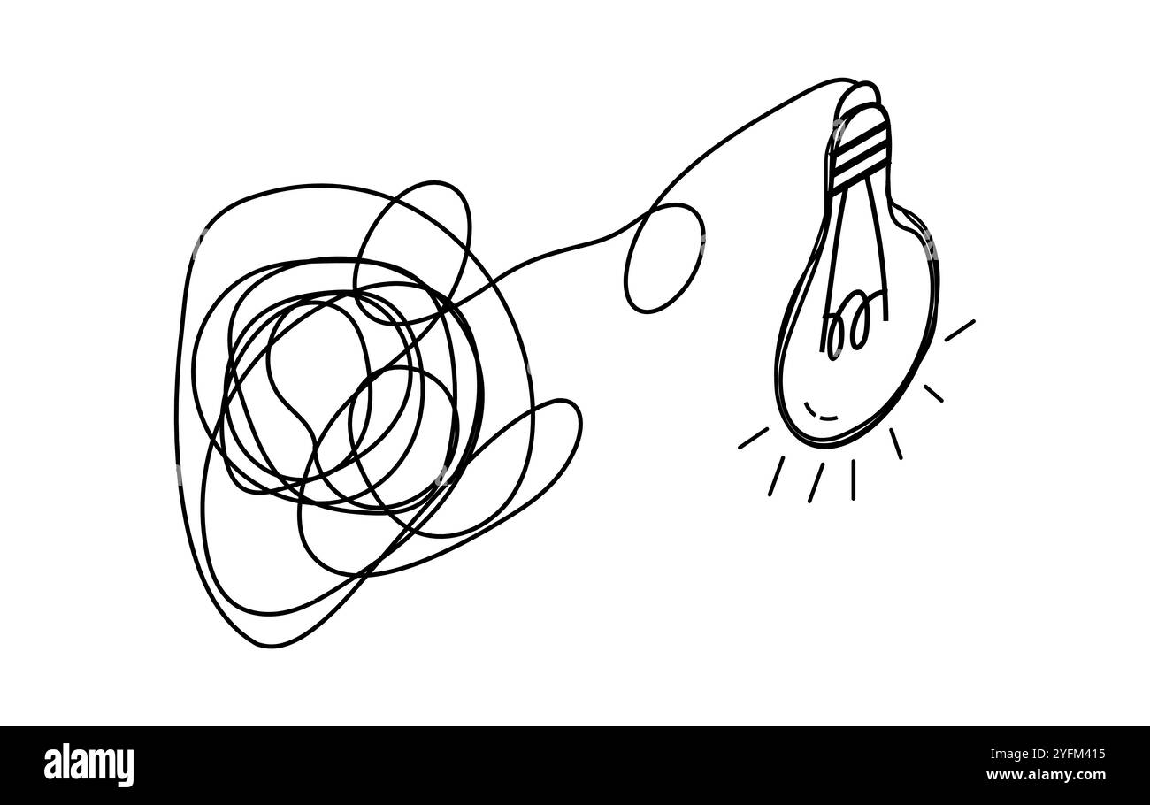 Einfache Illustration einer Glühbirnenidee unter verworrenen Gedanken. Stock Vektor
