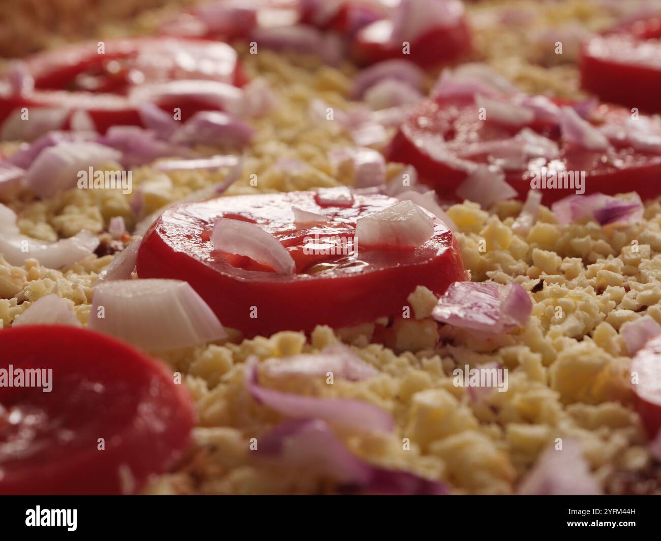 Frisch geschnittene Tomaten und Käse mit Zwiebeln zum Kochen bereit. Tomatenscheiben und Käse werden mit gehackten Zwiebeln auf einer Backfläche garniert. Stockfoto