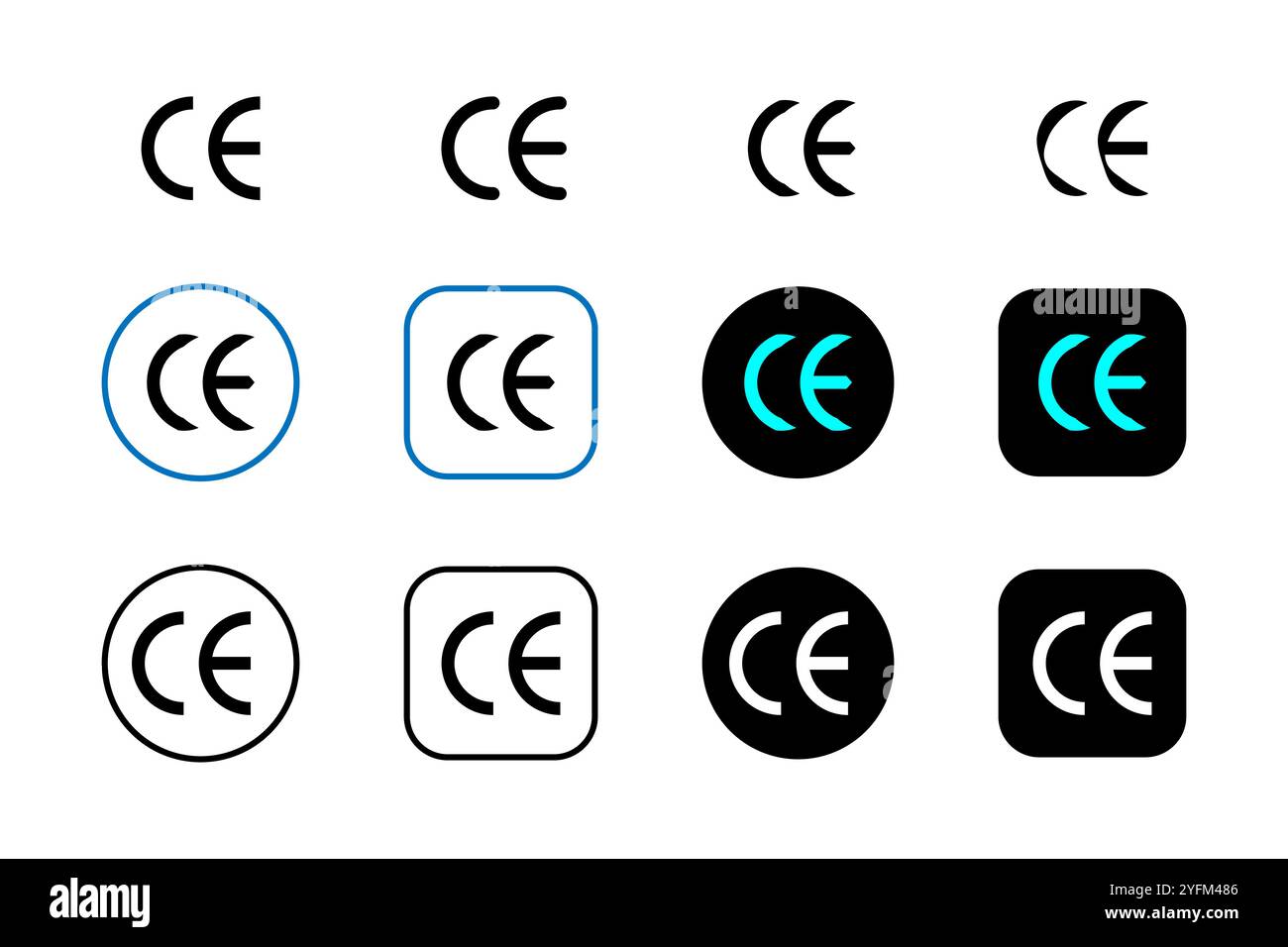Sammlung von CE-Kennzeichnungssymbolen in verschiedenen Farben und Formen. Stock Vektor
