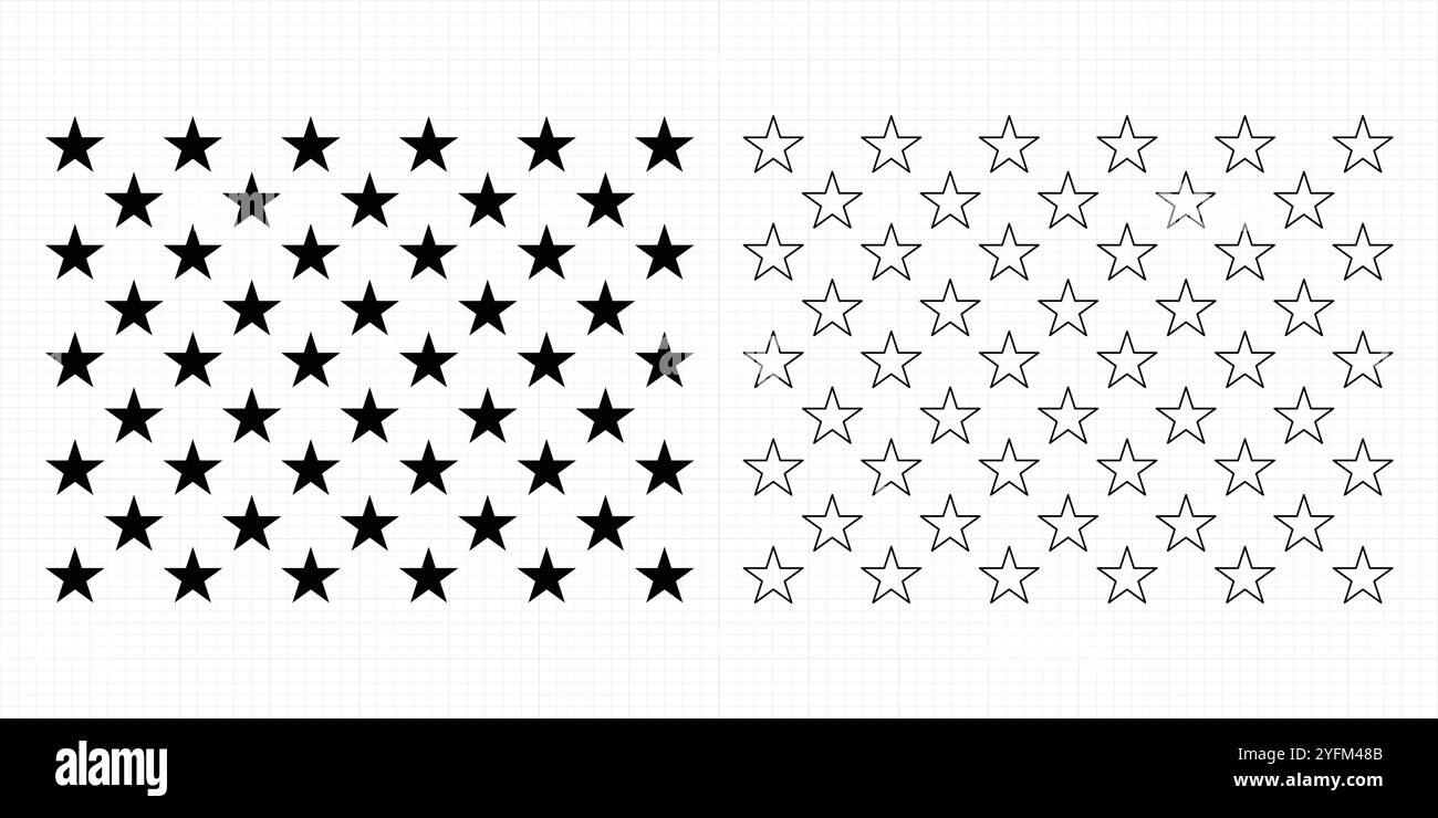 Einfaches schwarz-weißes Sternmuster, unterteilt in gefüllte und konturierte Variationen. Stock Vektor