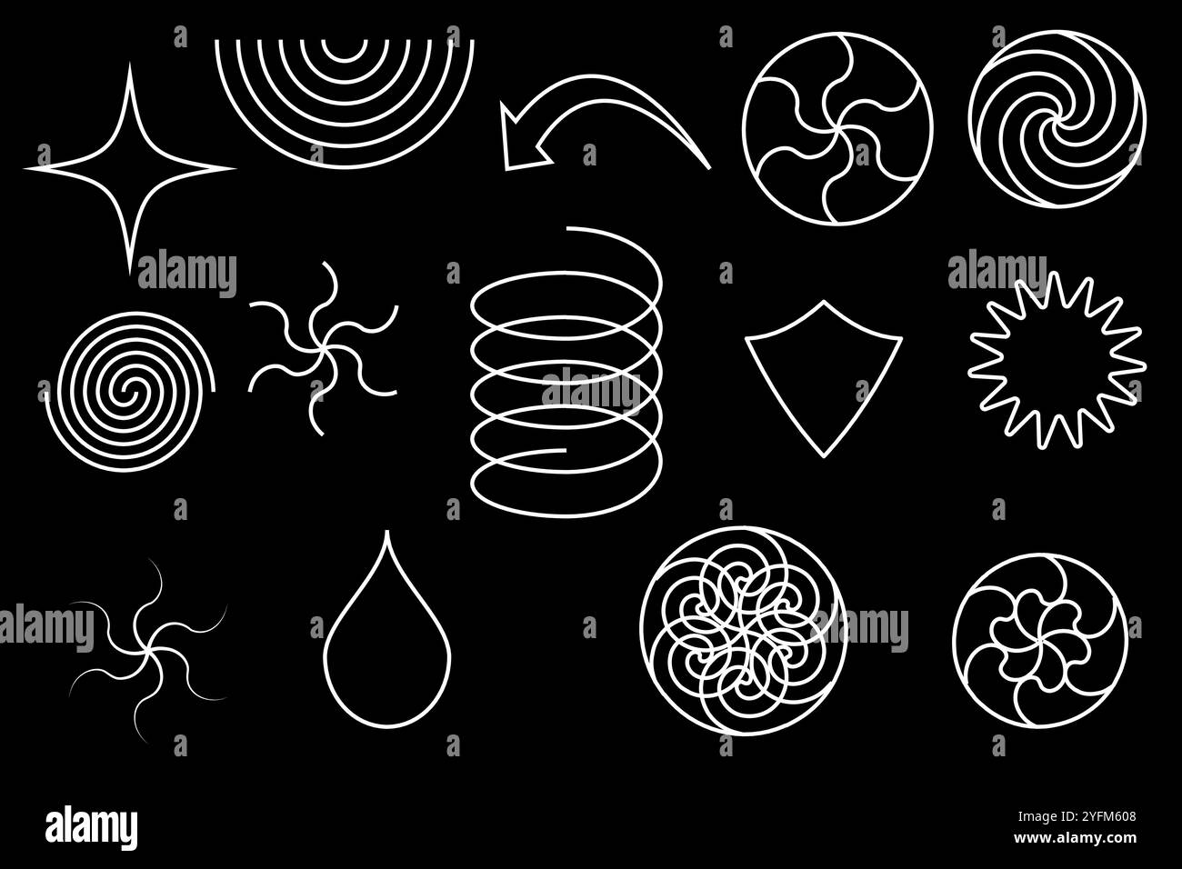 Sammlung abstrakter geometrischer Formen auf schwarzem Hintergrund. Stock Vektor