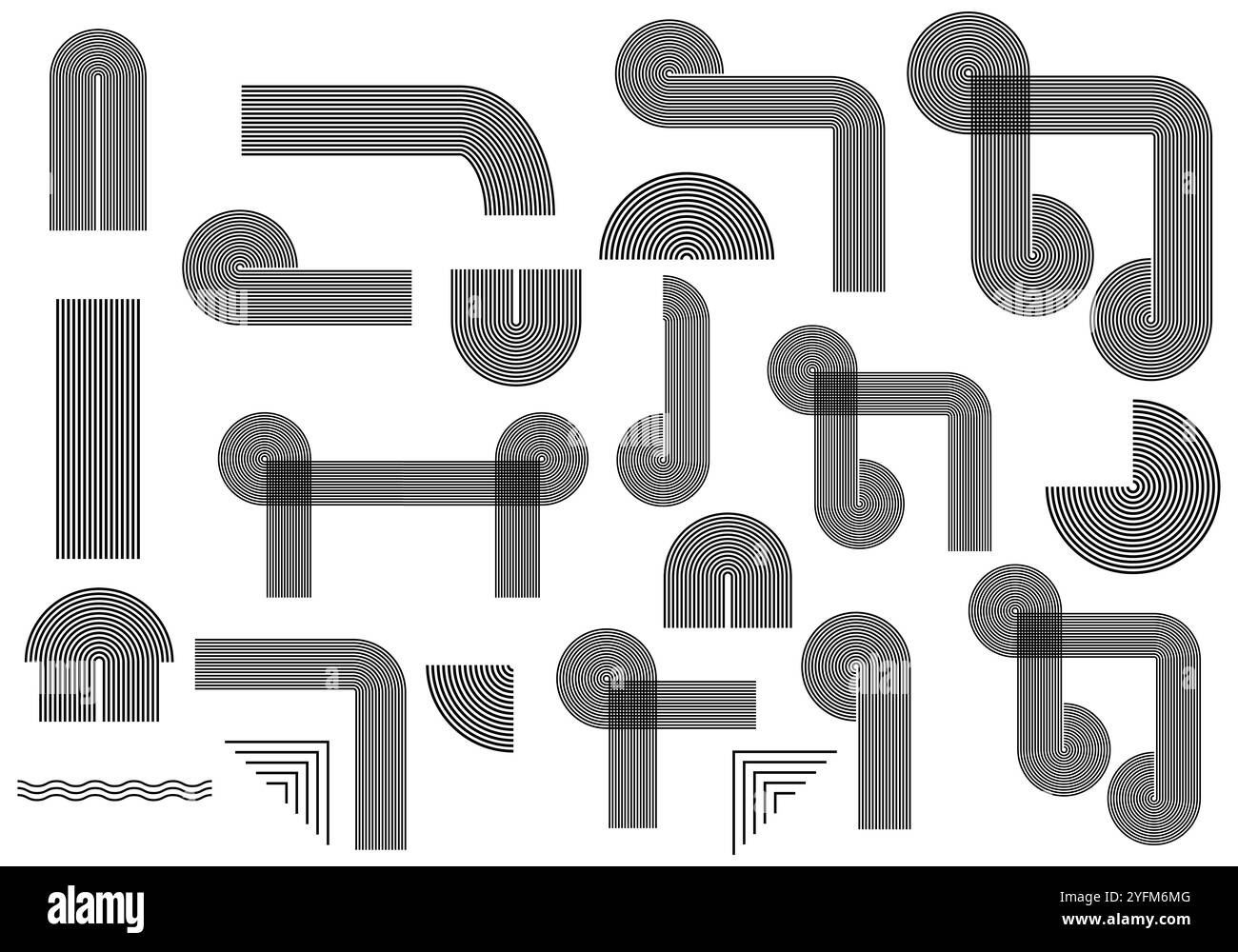 Geometrische Bogen- und kreisförmige abstrakte Linienformen. Bogenelemente aus der Mitte des Jahrhunderts. Stock Vektor