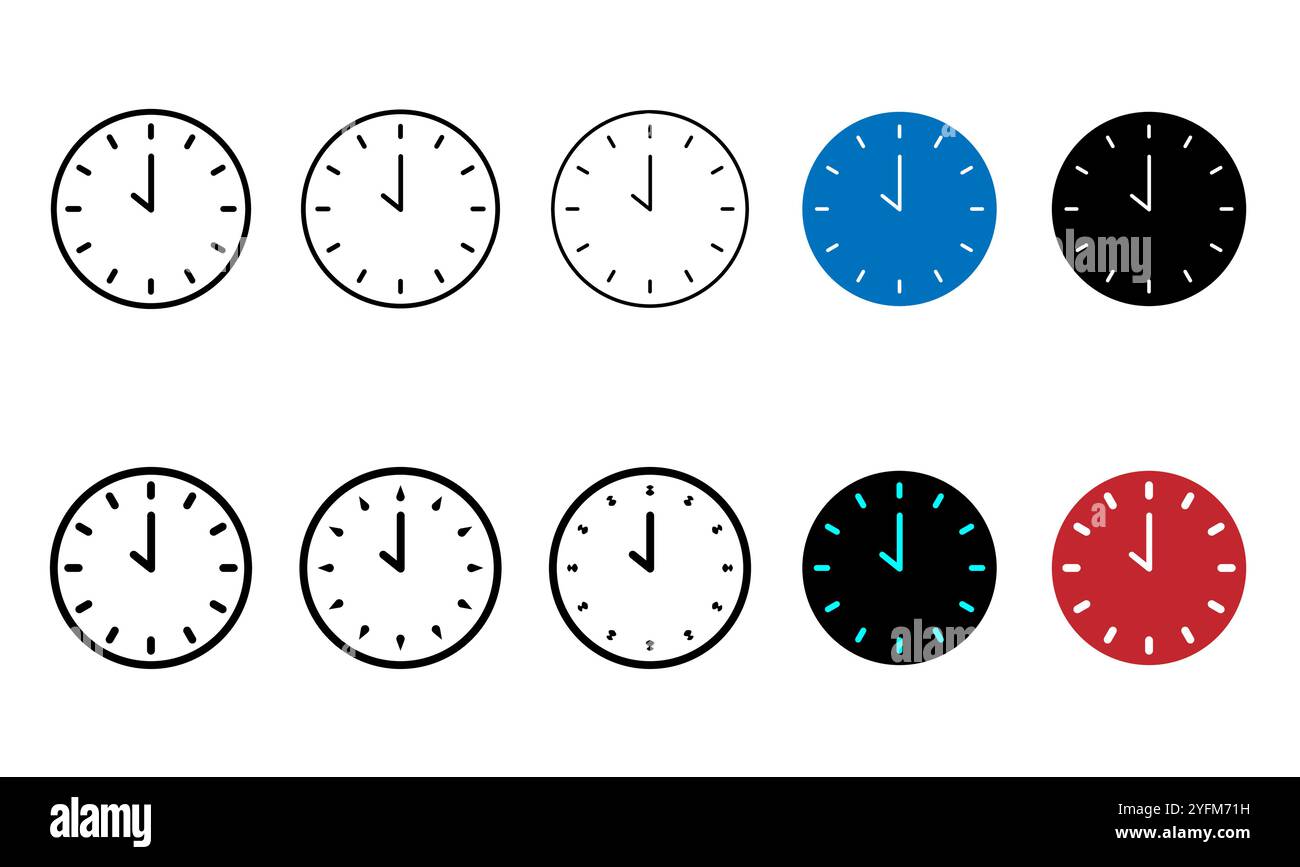 Satz einfacher Uhrensymbole in verschiedenen Farben. Stock Vektor