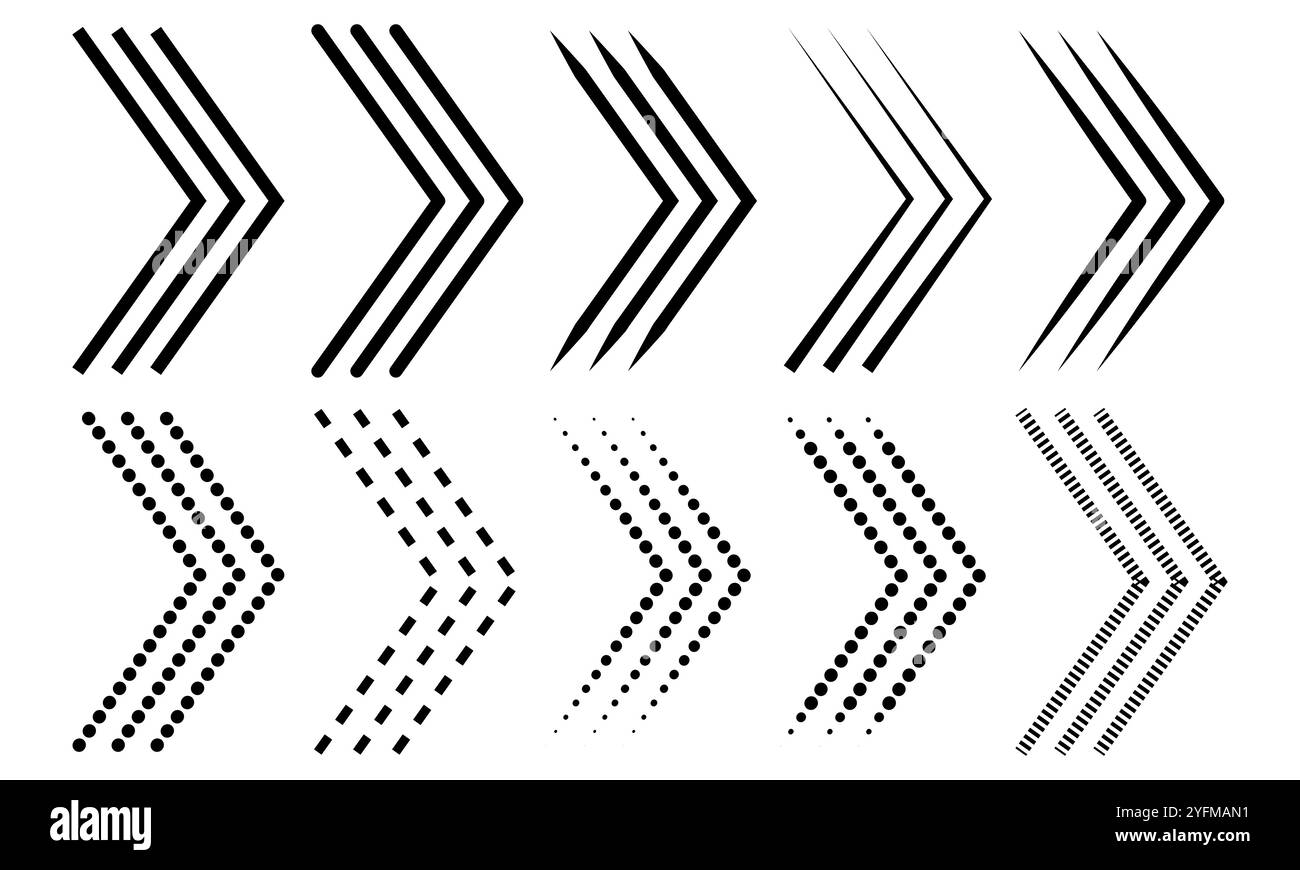 Satz moderner Pfeilsymbole in verschiedenen Stilen. Stock Vektor