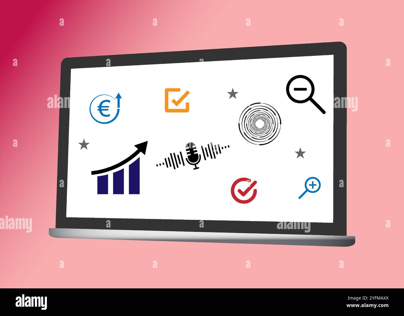 Notebook-Display mit Symbolen für Wachstum, Analyse und Audio. Stock Vektor
