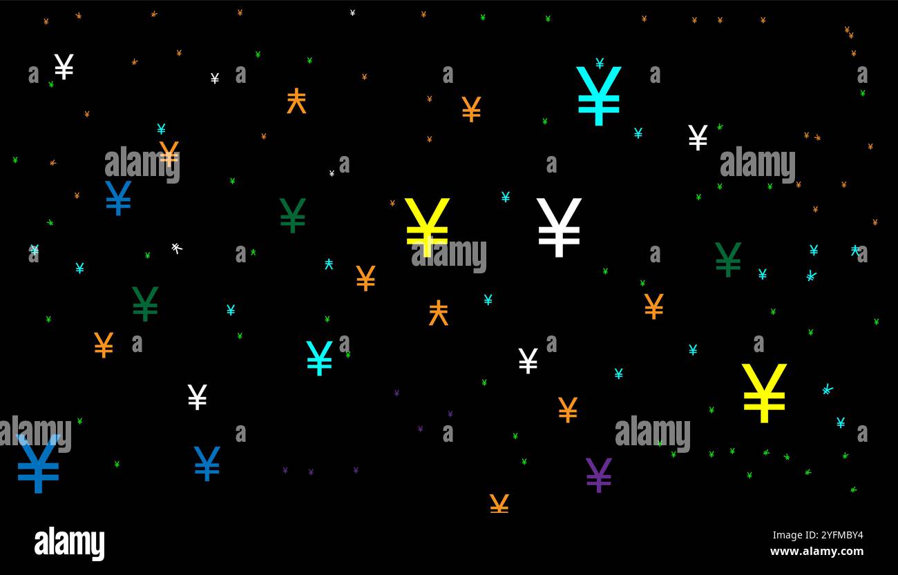 Abstrakter Hintergrund mit zufällig verstreuten Yen-Symbolen in verschiedenen Farben. Stock Vektor