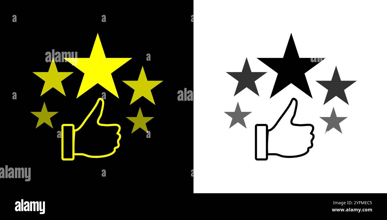 Bewertung der Kundenrezension mit 5 Sternen und Daumen-hoch-Feedback. Fünf-Sterne-Bewertungsabzeichen, Bewertungssymbol. Stock Vektor