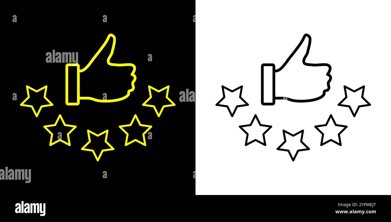Bewertung der Kundenrezension mit 5 Sternen und Daumen-hoch-Feedback. Fünf-Sterne-Bewertungsabzeichen, Bewertungssymbol. Stock Vektor
