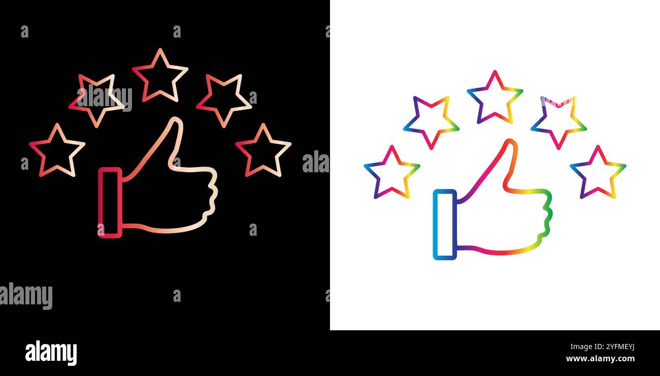 Bewertung der Kundenrezension mit 5 Sternen und Daumen-hoch-Feedback. Fünf-Sterne-Bewertungsabzeichen, Bewertungssymbol. Stock Vektor