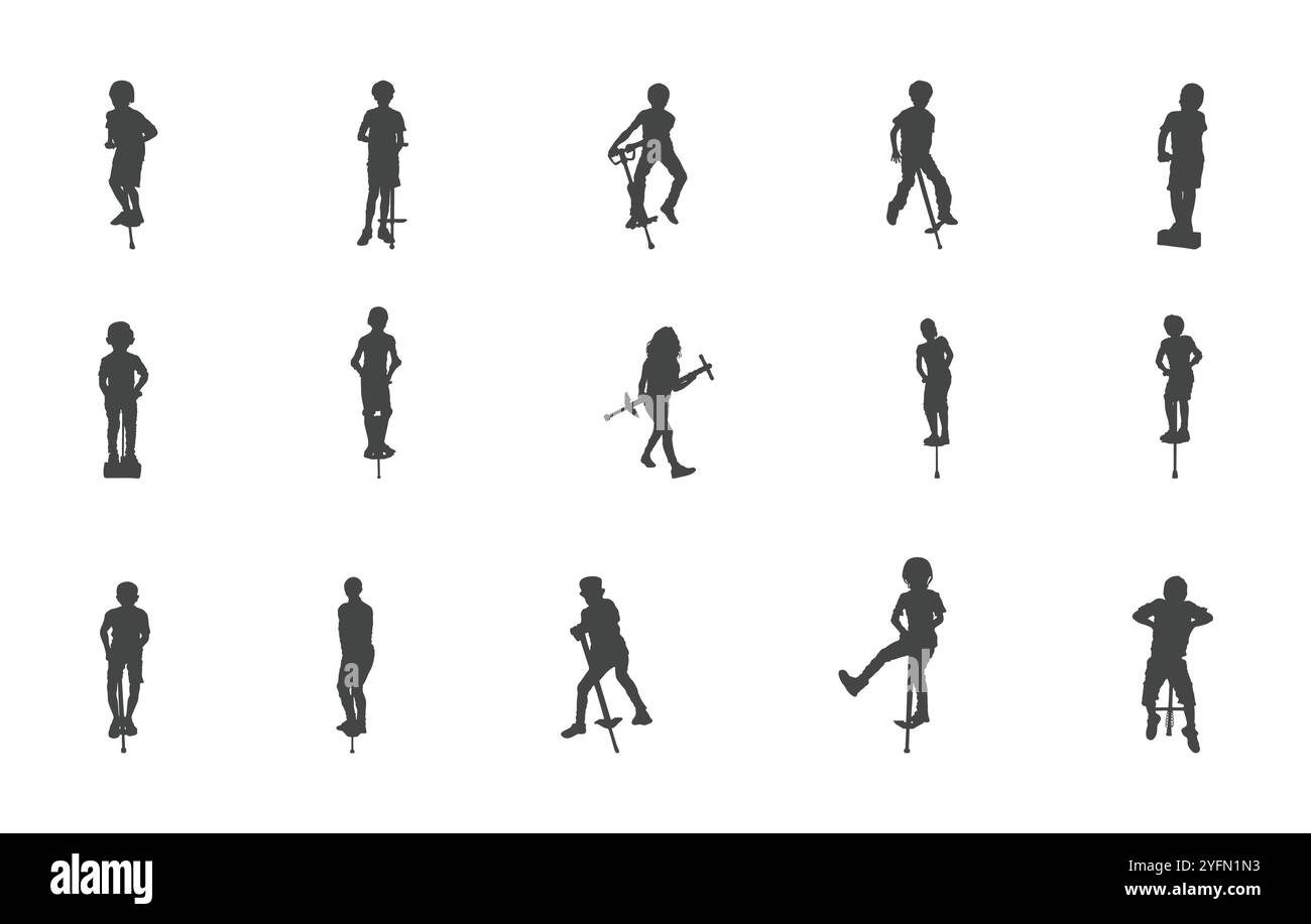 Kinder spielen Maverick Pogo Stick Silhouette, Pogo Stick Vektoren, Pogo Stick Silhouette, Kinder spielen Pogo Stick Silhouette Stock Vektor