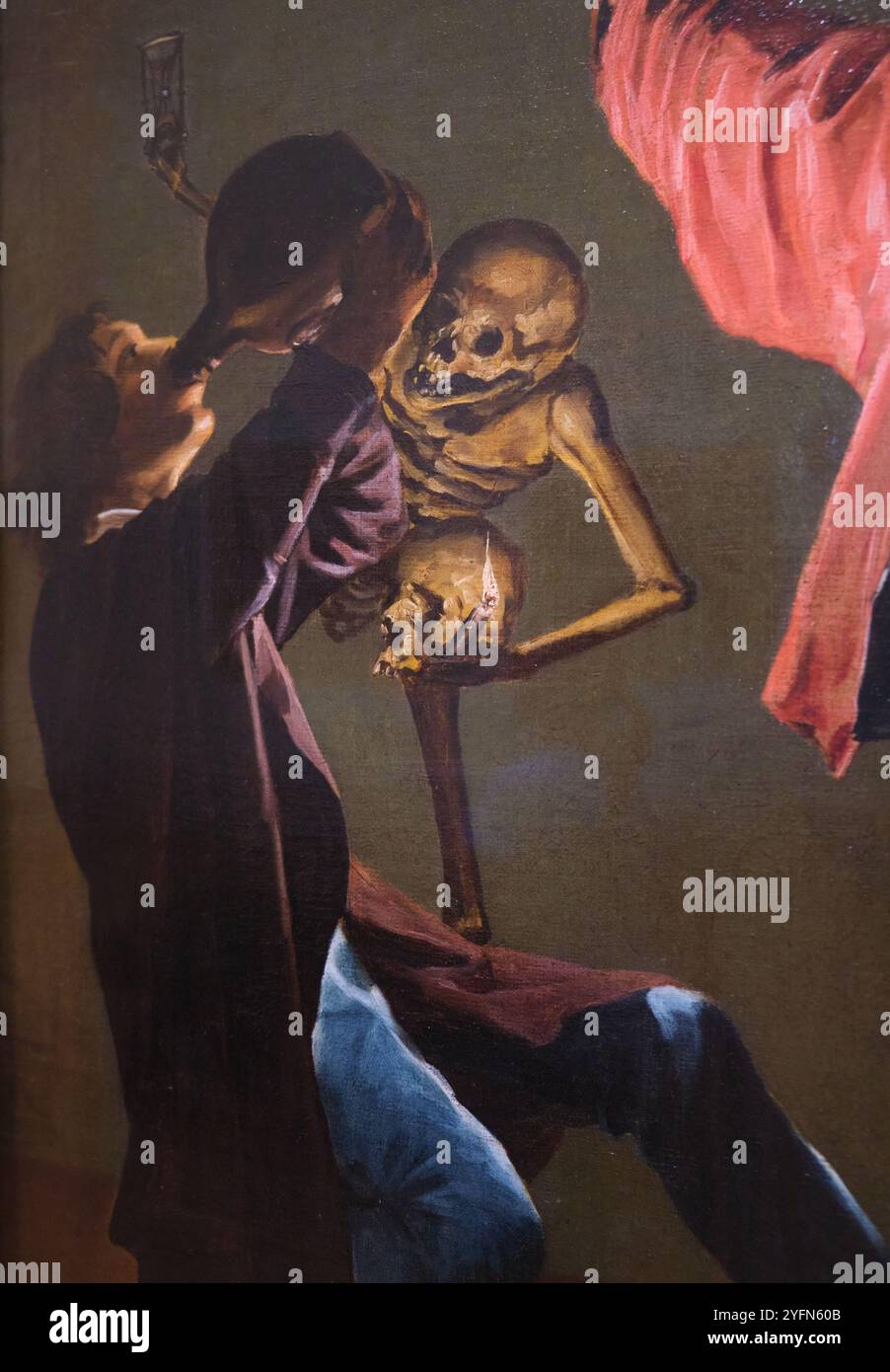 Unheimliches Skelett des Gemäldes The Last Drop, The Gay Cavalier, von Judith Leyster. Im Philadelphia Museum of Art in Pennsylvania. Stockfoto