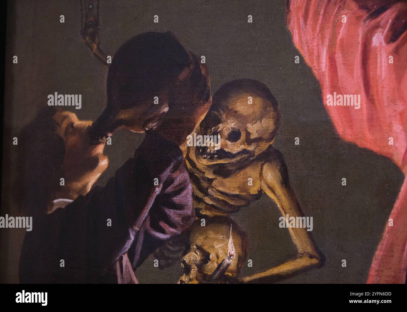 Unheimliches Skelett des Gemäldes The Last Drop, The Gay Cavalier, von Judith Leyster. Im Philadelphia Museum of Art in Pennsylvania. Stockfoto