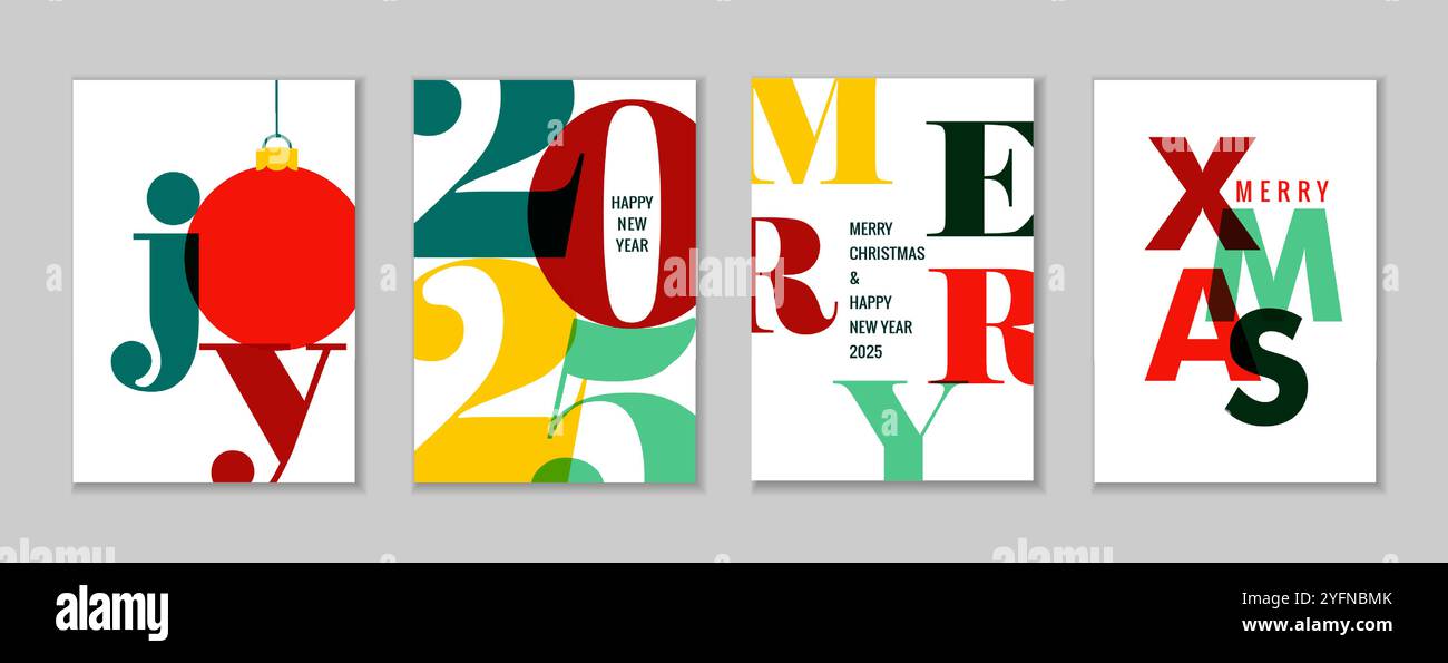 Happy New Year 2025 und moderne weihnachtliche Plakate. Vektor-Typografie-Designvorlage mit bunten 2025-Zahlen, Weihnachtsbuchstaben und Neujahr Stock Vektor