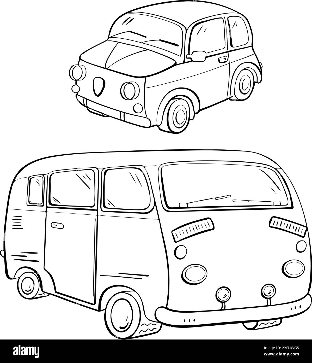 Entdecken Sie Oldtimer Eine Sammlung klassischer Kompaktfahrzeuge und Retro-Van-Designs. Abbildung der Vektorskizze. Tourismus Stock Vektor