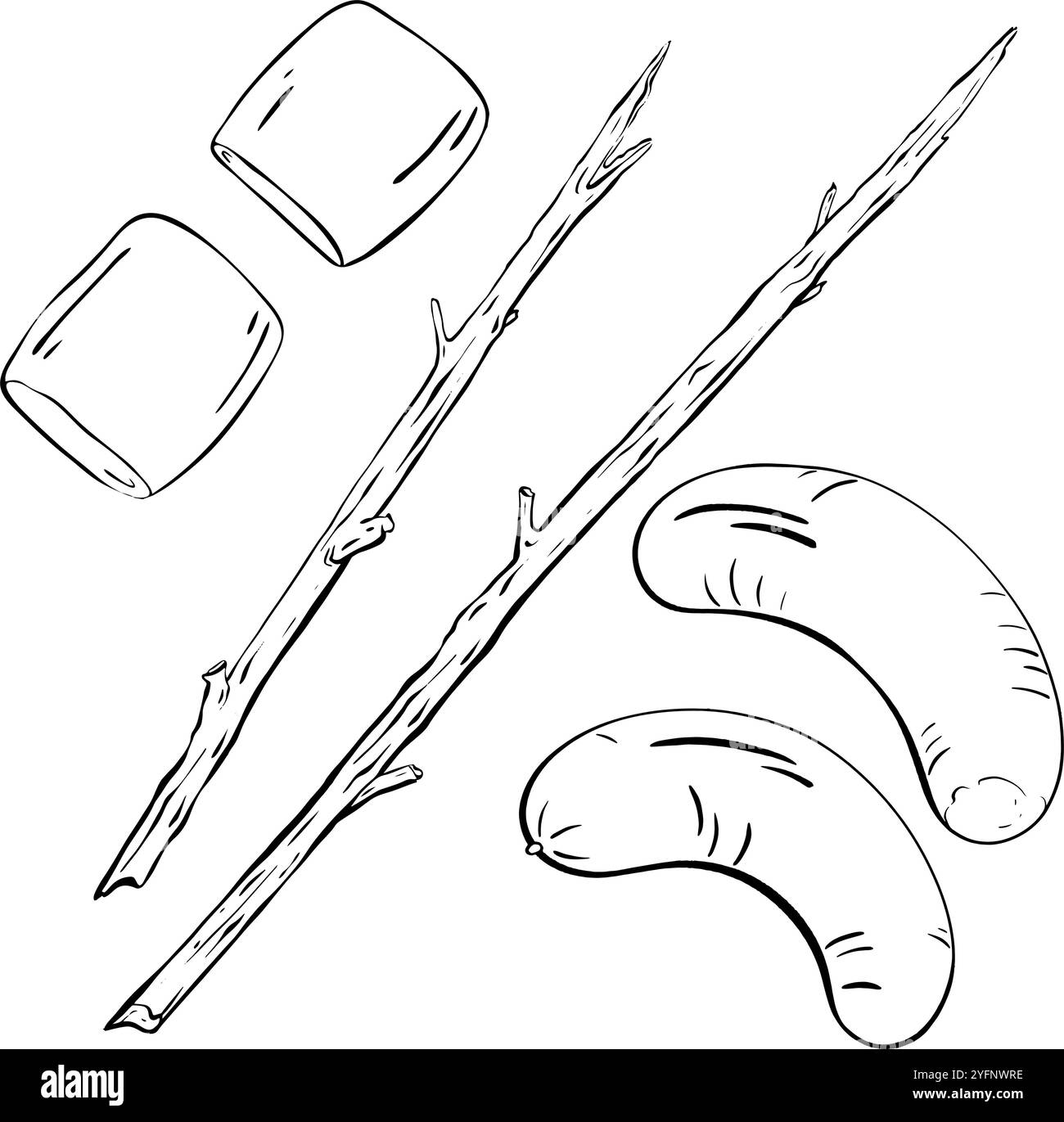 Unverzichtbare Campingausrüstung mit Stöcken und Marshmallows, perfekt für Outdoor-Abenteuer. Essen. Abbildung der Vektorskizze. Tourismus Stock Vektor