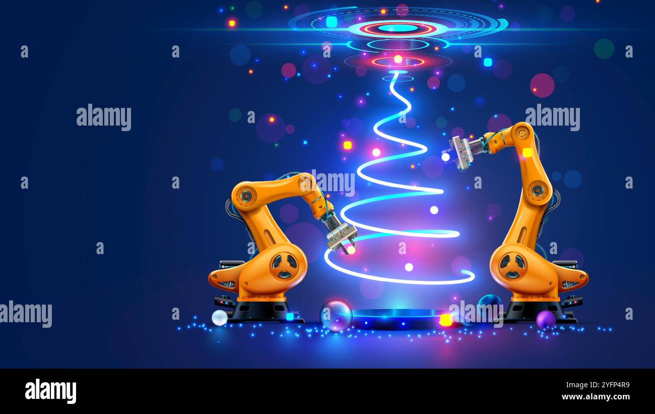 Industrieroboter Dekoration weihnachtsbaum. Roboterarm an der Fabrik auf der Weihnachtskarte. Industrieroboter Manipulator Dekorationen Cyber virtu Stock Vektor