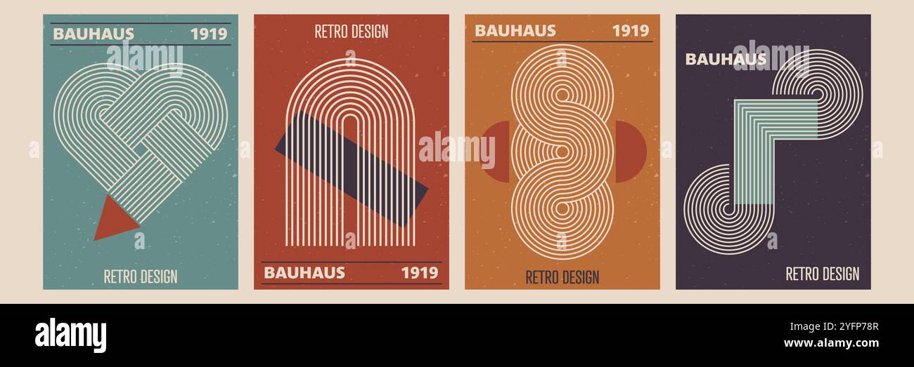 Set moderner abstrakter Poster mit geometrischen Formen und Streifenmuster. Vektor-Hintergrund im trendigen Bohemian-Stil. Stock Vektor