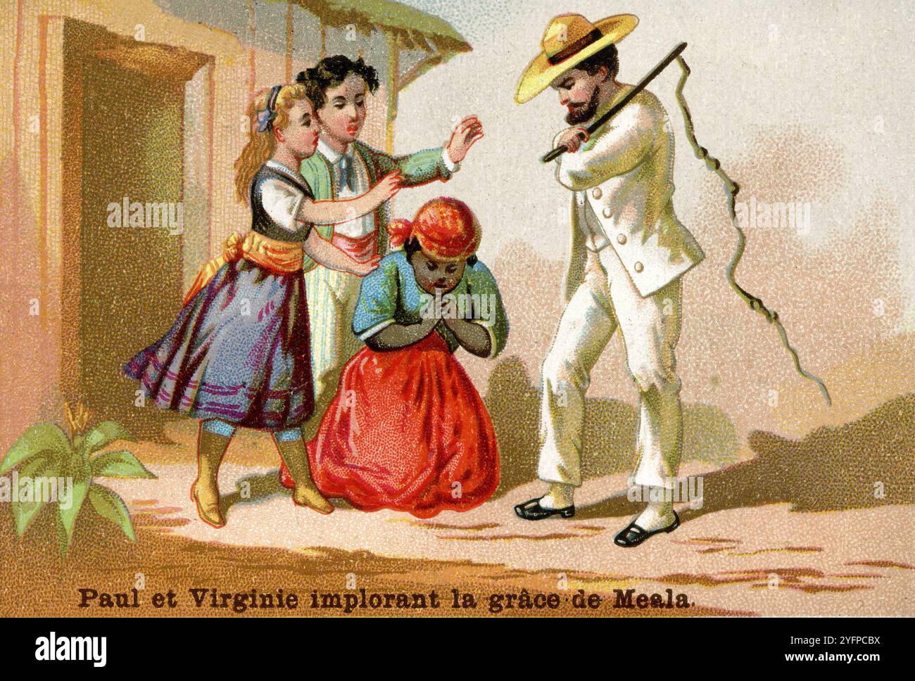 Paul und Virginia flehen die Gnade Mealas an, Sklave. Chromolithographie nach dem 1788 erschienenen Roman von Bernardin de Saint Pierre. Stockfoto