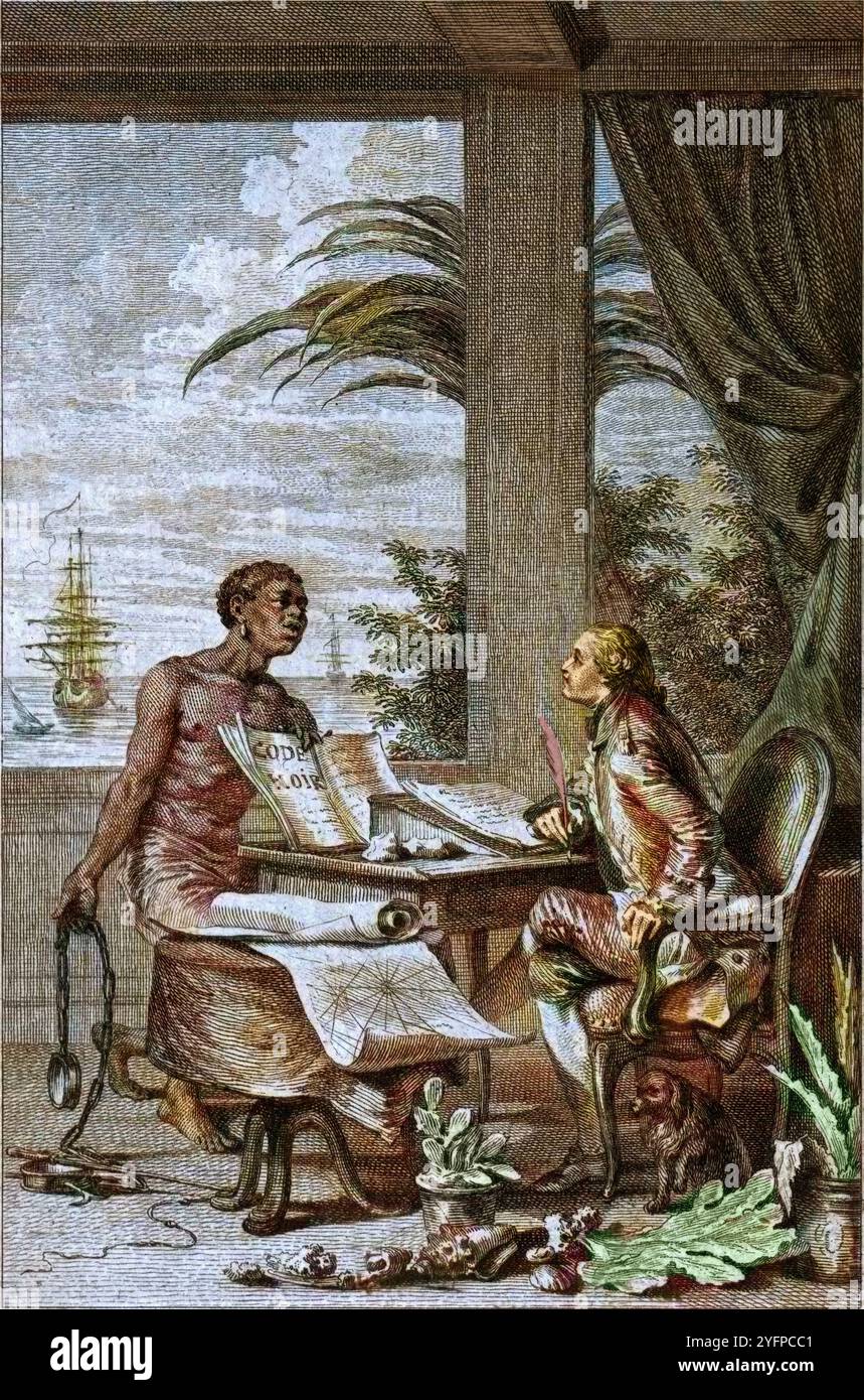 The Black Code - Illustration nach „Reise zur französischen Insel“ von Bernardin de Saint-Pierre (1737-1814), Stich nach Moreau dem Jüngeren: „Ich bin ein Mann und nichts, was den Menschen interessiert, ist mir fremd“ Terence. Stockfoto