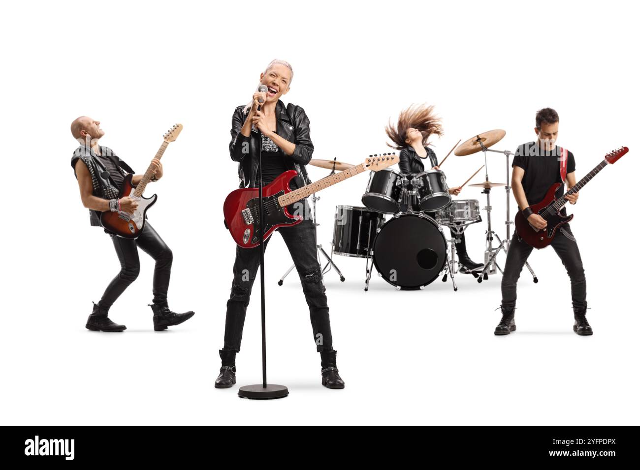 Rockband tritt mit einer Lead-Gitarristin isoliert auf weißem Hintergrund auf Stockfoto