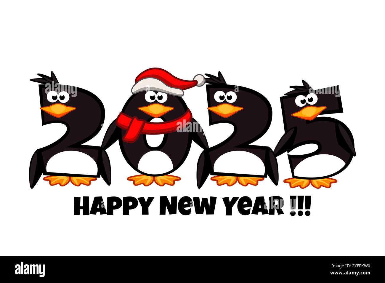 Frohes neues Jahr 2025, Zahlen wie Pinguine. Kalenderdatum. Zeichentrickdarstellung Stock Vektor