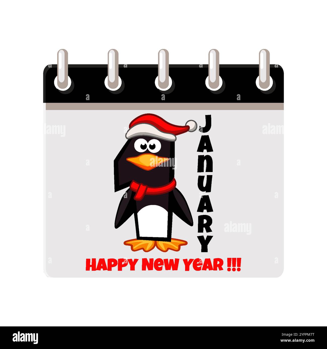 Kalenderseite vom 1. Januar - Happy New Year mit Pinguinzahl. Kalenderdatum. Zeichentrickdarstellung Stock Vektor