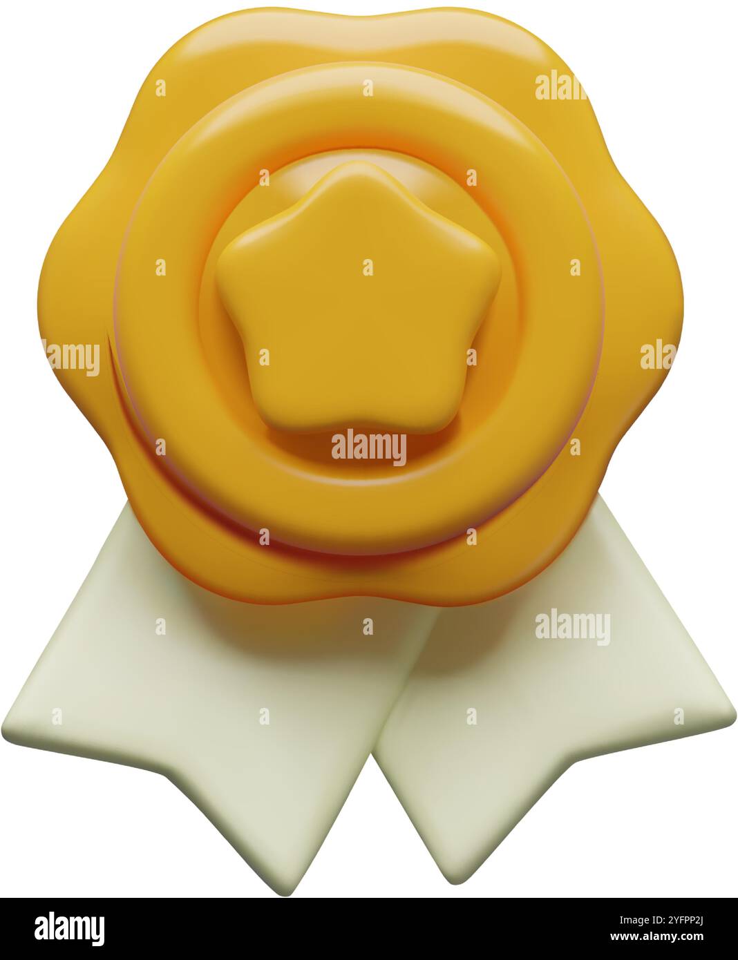 3D-Rendering mit Goldmedaille mit Stern und weißem Band, dreidimensionales Siegerabzeichen oder Qualitätszeichen Stock Vektor