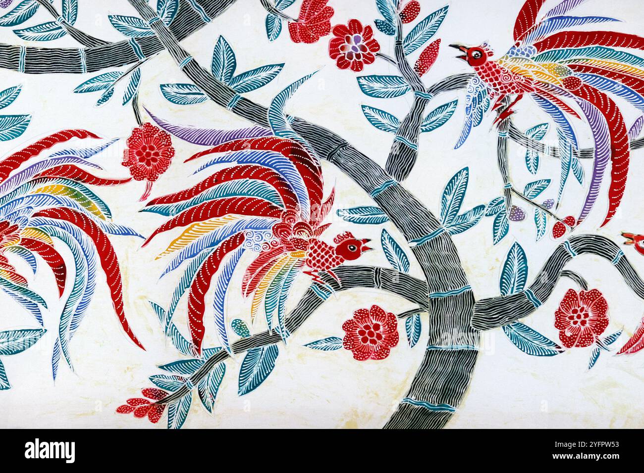 Batikproduktion. Handgefertigtes Batikgemälde, ausgestellt in einem Batikladen. Yogyakarta. Indonesien. Stockfoto