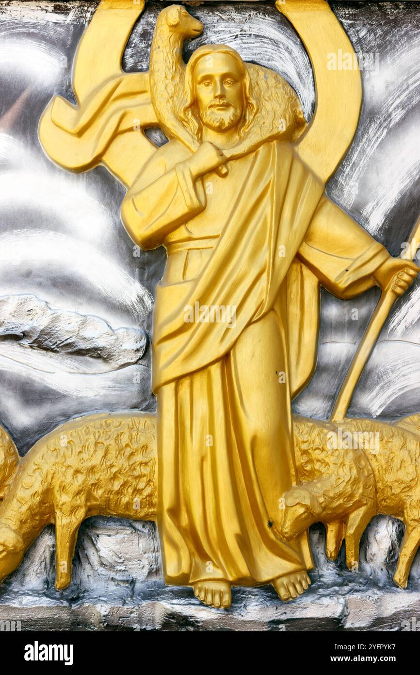 Sohn Gottes, der Herr ist mein Hirte, Jesus Christus mit einer Schafherde, Symbol des Christentums. Stockfoto