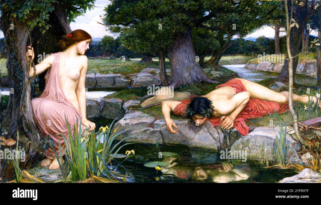 „Echo and Narcissus“ Ölgemälde von John William Waterhouse (1849–1917), das mythologische Figuren von Echo und Narcissus in einer Waldlandschaft zeigt. Narcissus blickt auf sein Spiegelbild in einem Bach, während Echo sehnsüchtig von der anderen Seite des Wassers aus beobachtet. Quelle: Walker Art Gallery / Universal Art Archive Stockfoto