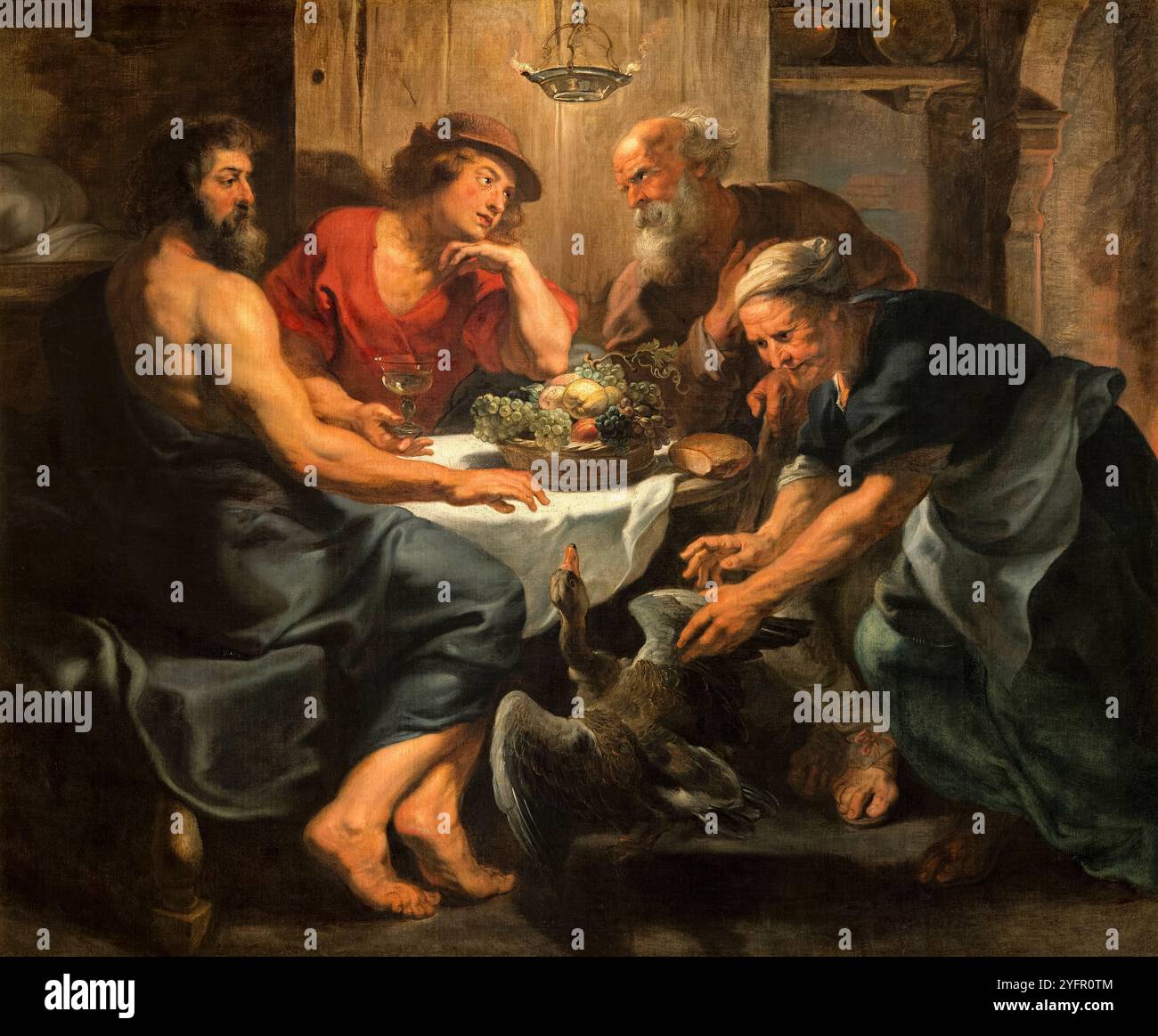 Jupiter and Mercury at Philemon and Baucis’ Gemälde aus dem 17. Jahrhundert der Werkstatt des flämischen Künstlers Peter Paul Rubens (1577–1640), das die mythologische Szene zeigt, in der Philemon und Baucis demütig Jupiter (Zeus) und Mercury (Hermes) dienen, die sie als Reisende verkleidet besuchen und ihre Gastfreundschaft belohnen, wie in Ovids Metamorphosen berichtet. Stockfoto