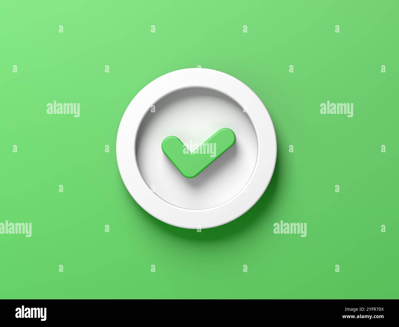 Häkchen isoliert auf grünem Hintergrund. Häkchen-Symbol. Kreis. 3D-Abbildung. Stockfoto