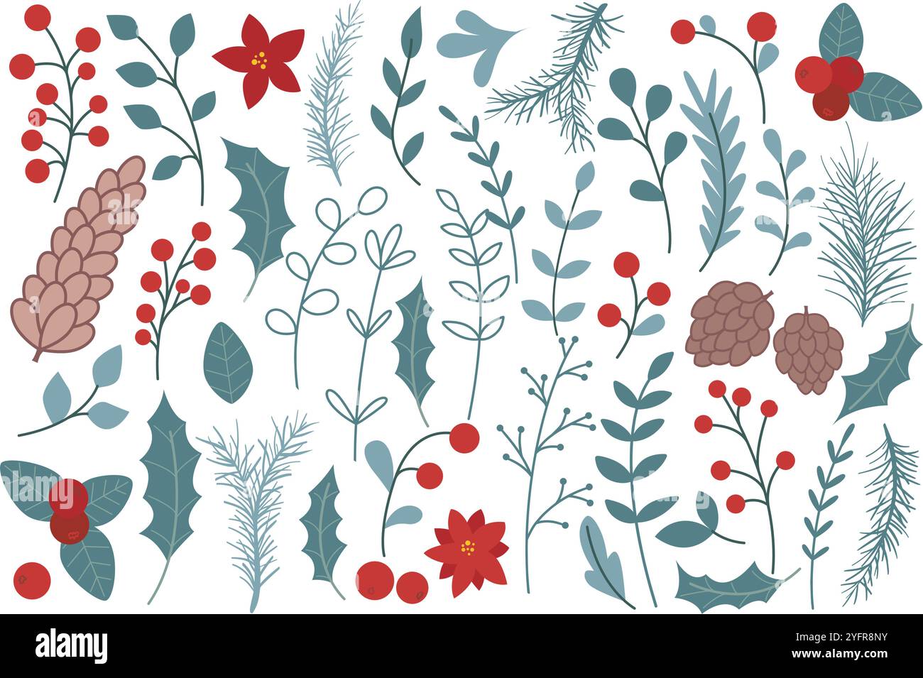Winterliches Set mit botanischen Elementen für Design. Blumen Weihnachtsstern, stechpalme, Kegel, Beeren, Laub und Zweige handgezeichnete Sammlung. Einfache Einrichtung in der Natur Stock Vektor