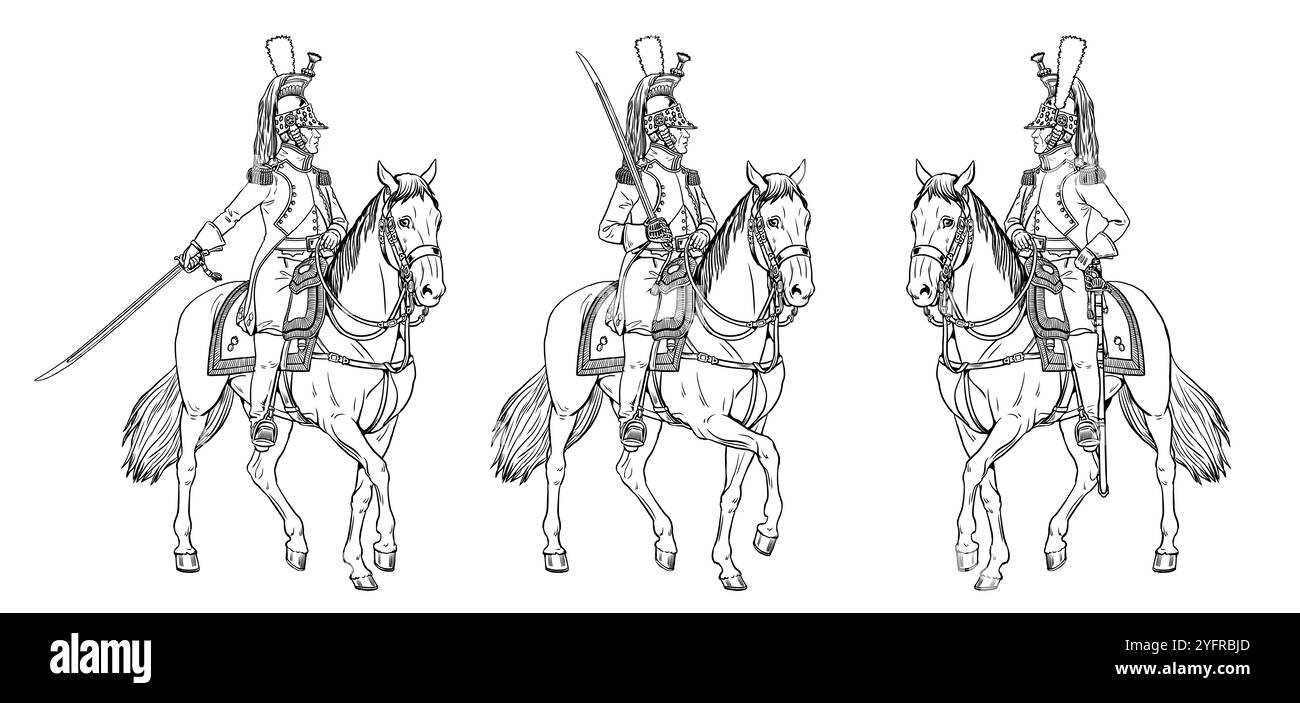 Dragoner der Kaiserlichen Garde. Berittener Soldat der Napoleonischen Armee. Historische Kavallerie Zeichnung zum Einfärben. Stockfoto