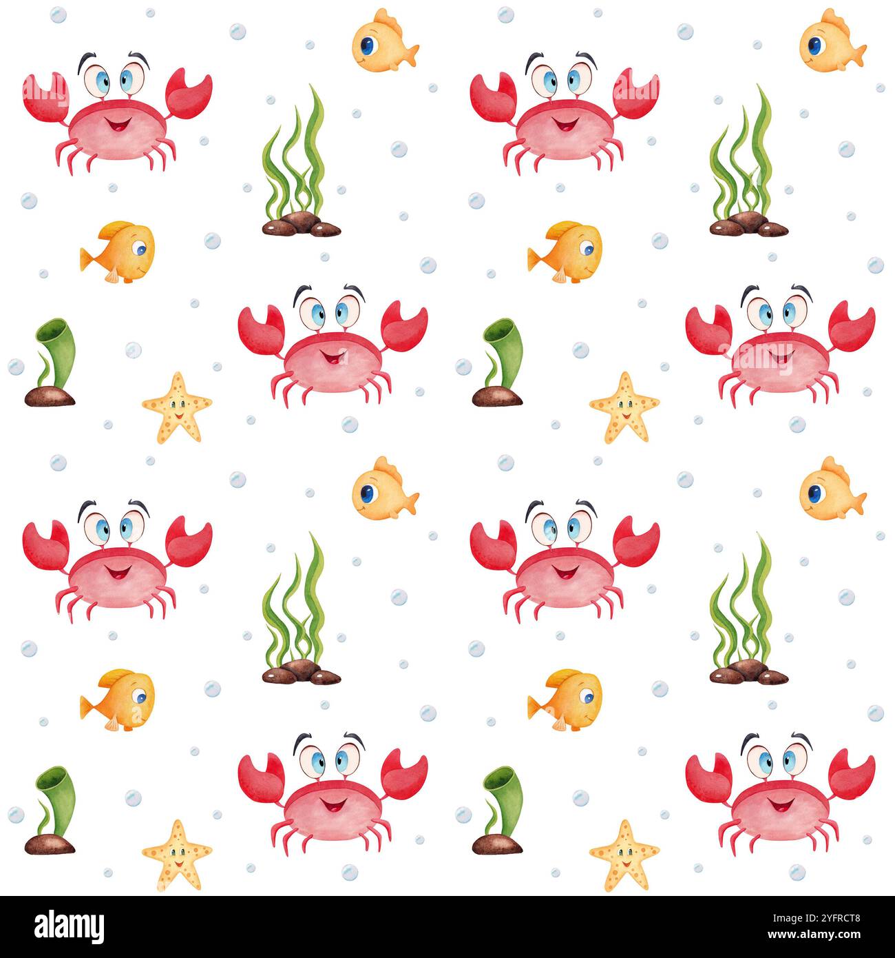 Nahtloses Aquarellmuster mit niedlichen Zeichentrickkrabben und Fischen. Lustiger Ozean Hintergrund für Textil- oder Tapetendesign. Stockfoto