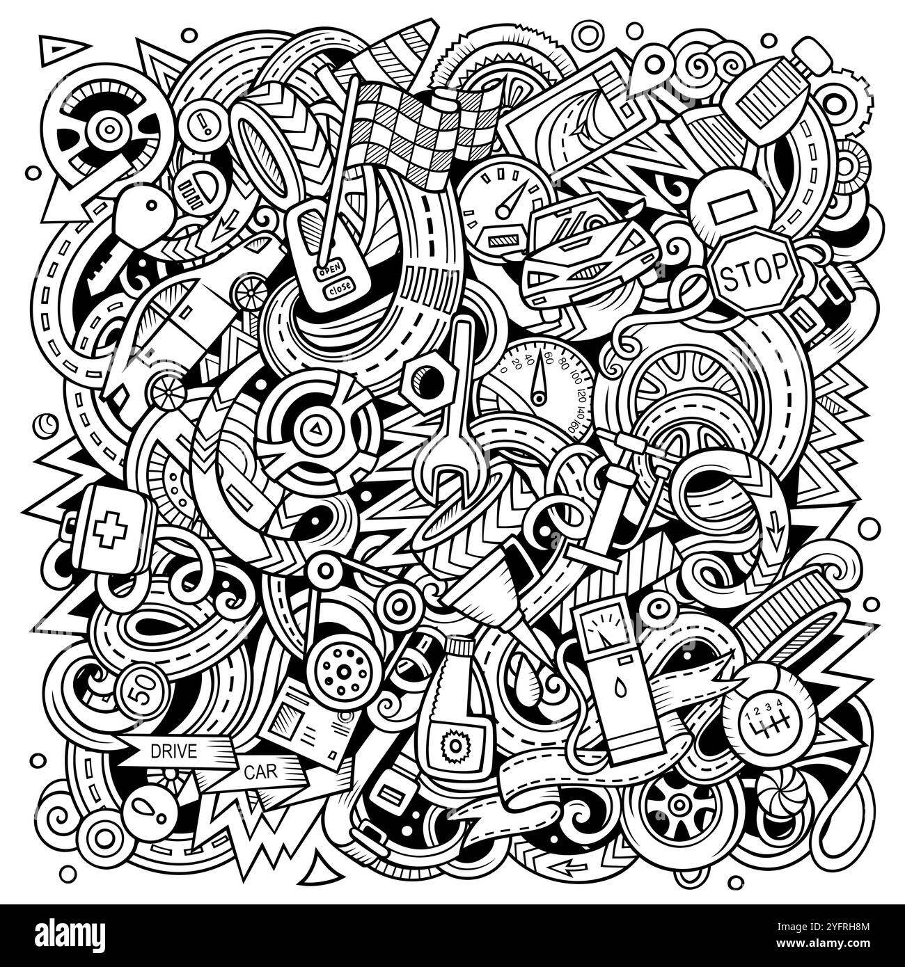 Cartoon Vektor Kritzeleien Automotive Illustration. Skizzenhaft, detailliert, mit vielen Objekten Hintergrund. Alle Objekte sind getrennt. Autovermietung lustiges Bild Stock Vektor