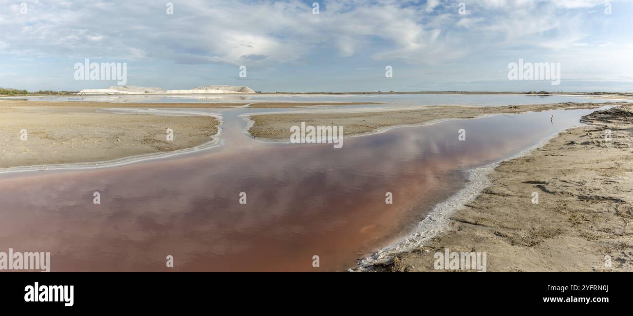 Salzgewinnung im Dorf Salin de Giraud in der Nähe der Mündung der Grand Rhoné. Panorama, Panorama. Parc naturel Regional, Arles, Bouches du R Stockfoto