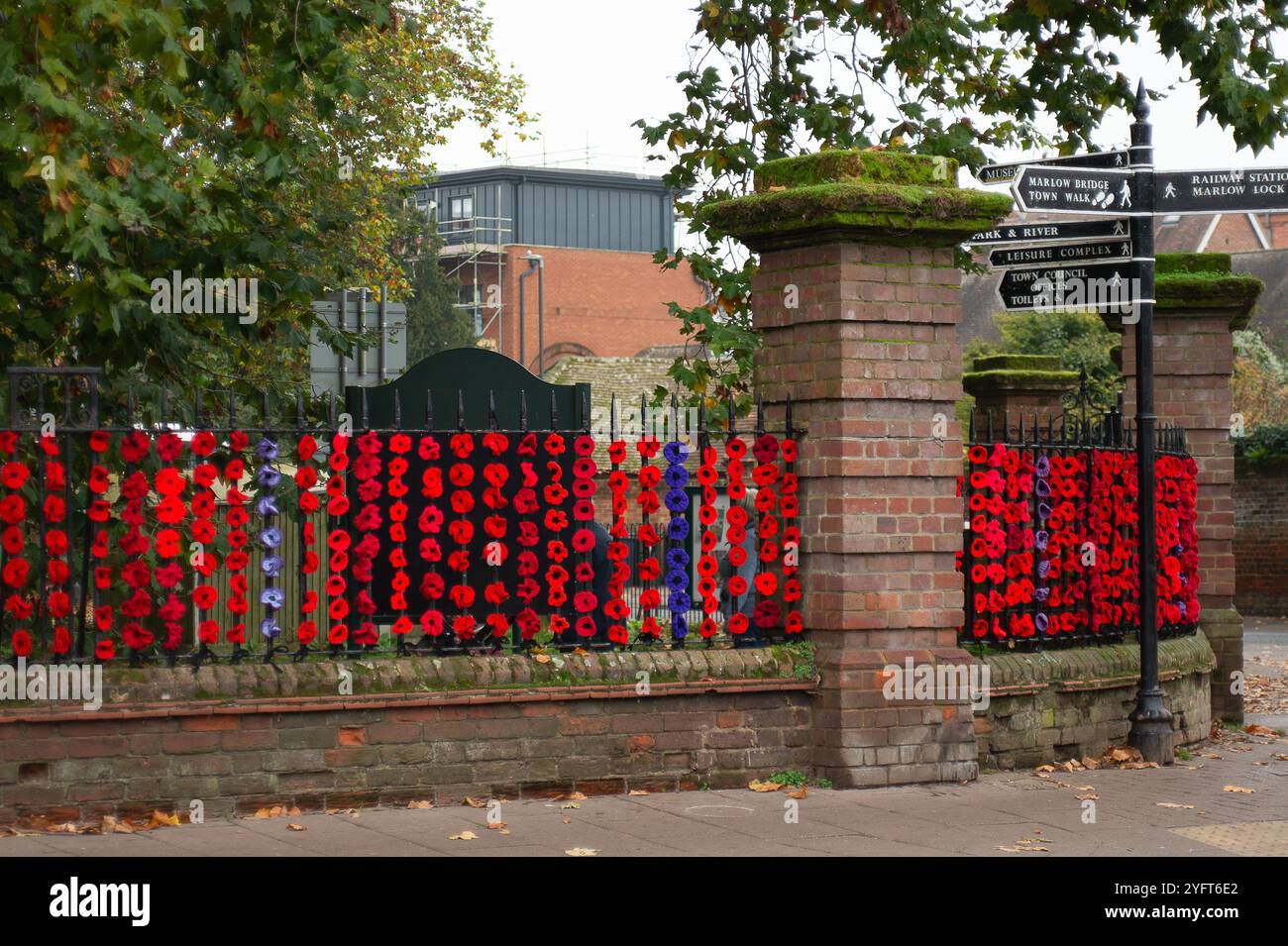 Marlow, Buckinghamshire, Großbritannien. November 2024. Die Marlow Poppy Display Group der einheimischen Ladies hat Tausende von gestrickten und gehäkelten Mohnblumen hergestellt, die heute auf den Geländern der All Saints Church und dem Higginson Park am Causeway in Marlow, Buckinghamshire, ausgestellt werden. Fast 9000 Pfund wurden von der Gruppe seit 2020 für den Marlow British Legion Poppy Appeal aufgebracht. Quelle: Maureen McLean/Alamy Live News Stockfoto